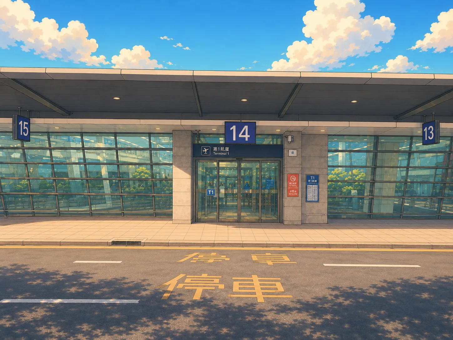 晴空下的桃園機場第一航廈 14 號出口